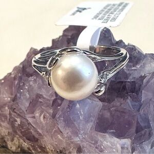 White Cultured Freshwater Pearl & White Zircon Rhodium Over Sterling Silver Ring